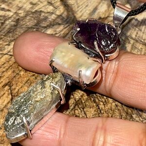 Crystal Pairing of Kyanite, Mother of Pearl & Amethyst Pendant 2 1/2”